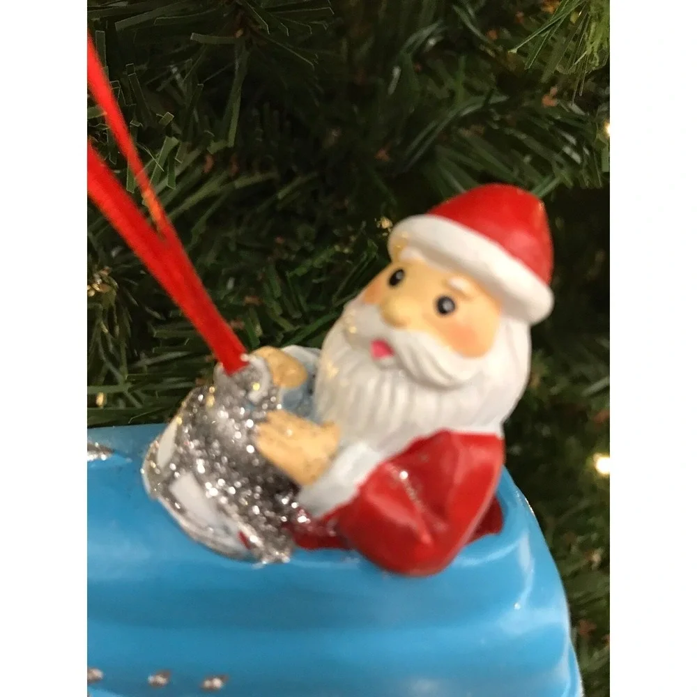Santa Driving‎ Retro Blue & Silver Sports Car Christmas Ornament